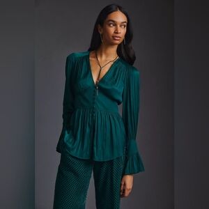 Anthropologie Emerald Green V-Neck Pleated Blouse Size S